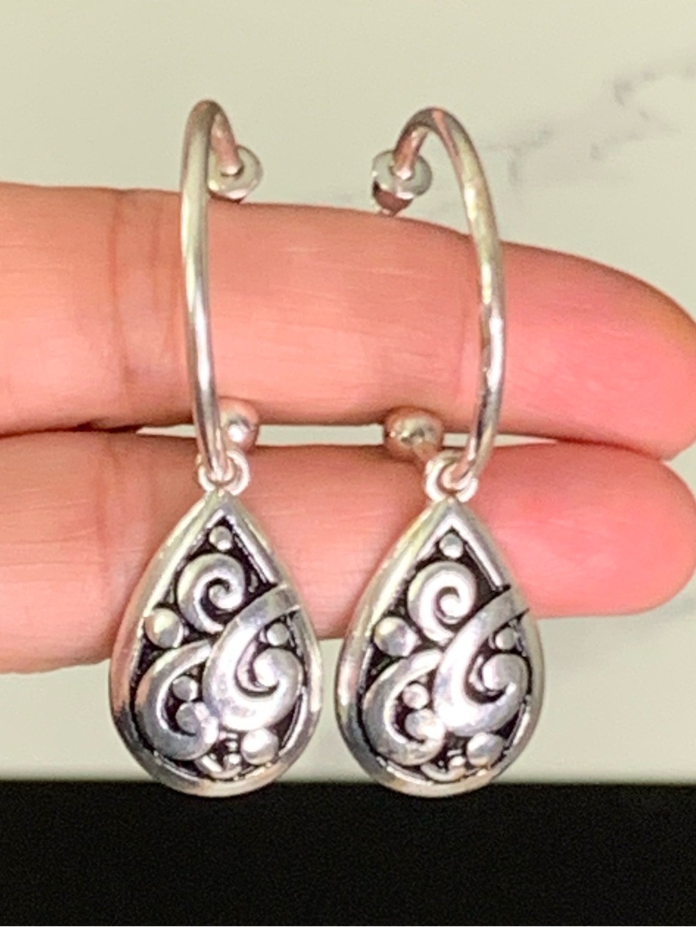 Vintage Silver Plated Filigree Teardrop Hoop Pierced Earrings